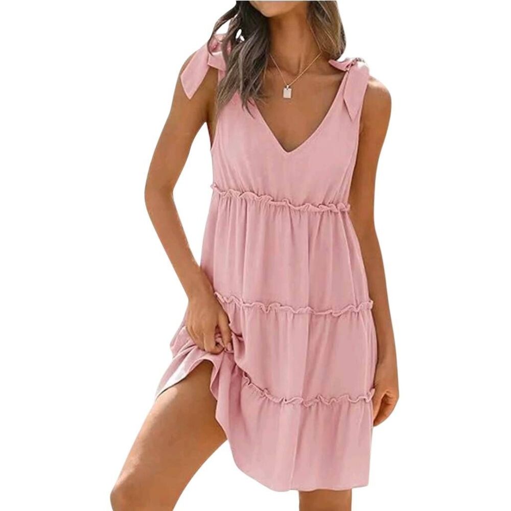 Yesica Pink Tie-Shoulder Tiered Mini Dress Size S - EUC